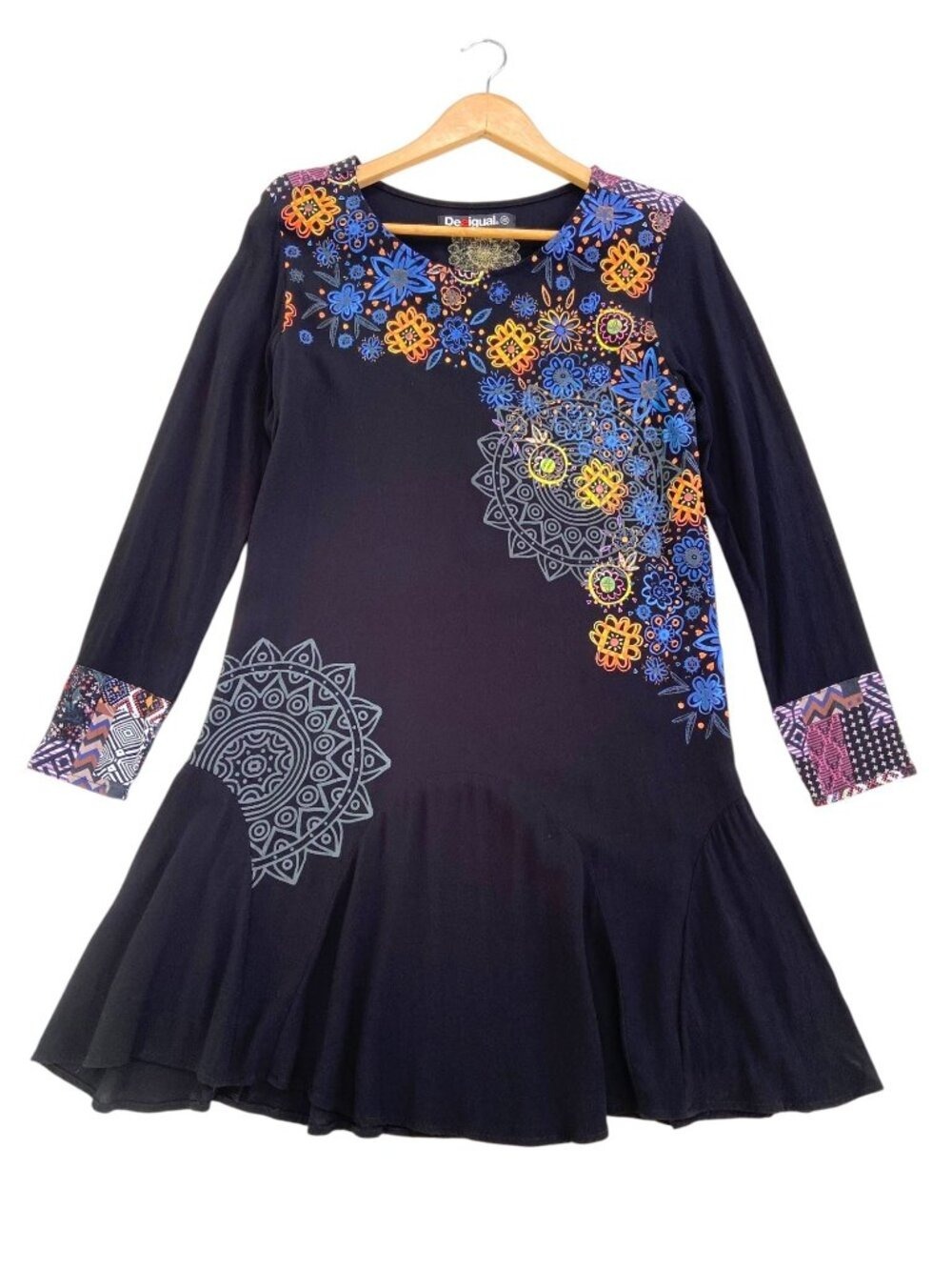 Desigual Black Floral Mandala Boho Flounce Hem Long Sleeve Dress Size 40 Colorfu